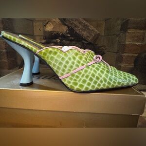 Milagros Chic Green and Pink Croc-Embossed Women's Heels